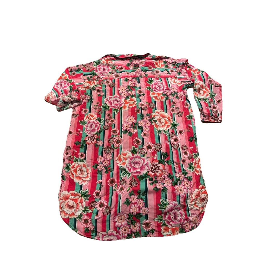 Johnny Was Bocardi Button Down Shirt Dress Pink Floral Roll Tab Sleeves  Medium - Picture 11 of 12